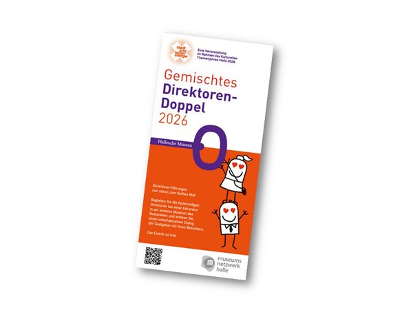 © Plakat für das gemischte Direktoren-Doppel 2026 in Halle mit zwei lächelnden, schematischen Figuren, die sich die Hand reichen – eine in weißer, eine in roter Kleidung.